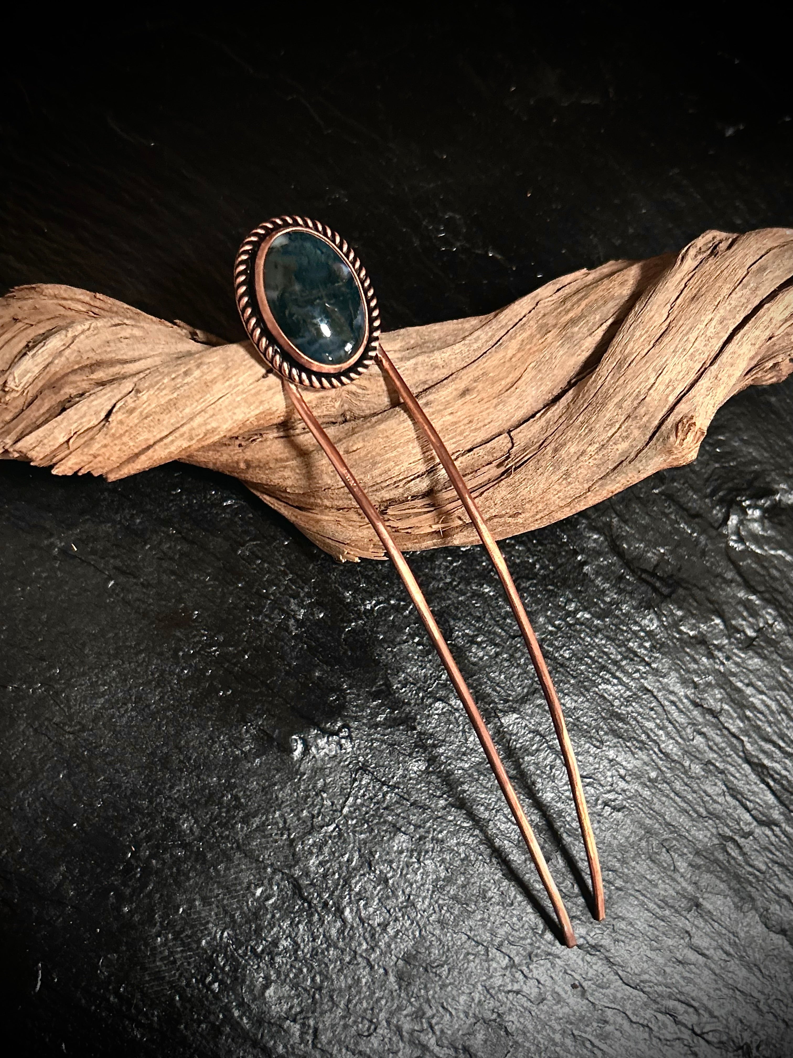 Copper Moss Agate Hair Fork