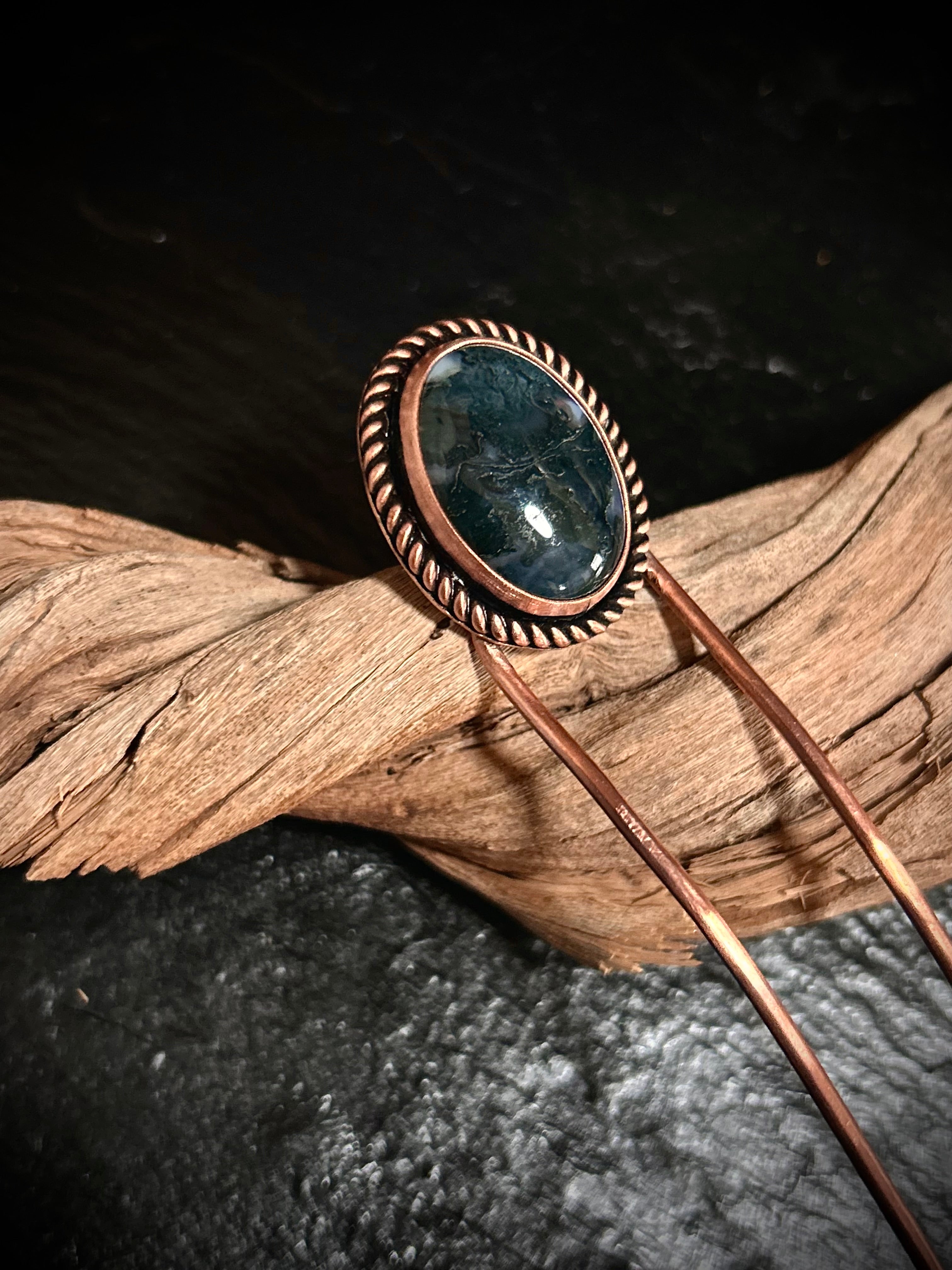 Copper Moss Agate Hair Fork