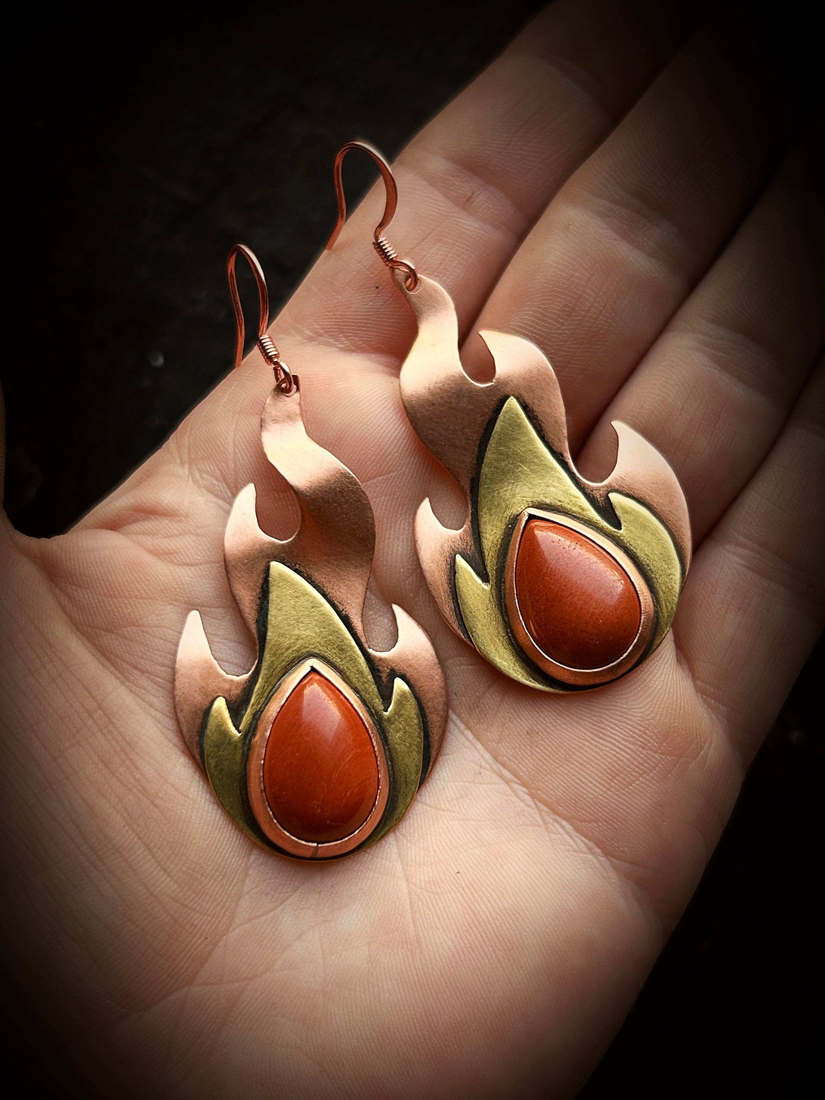 Copper & Brass Red Jasper Flame Earrings