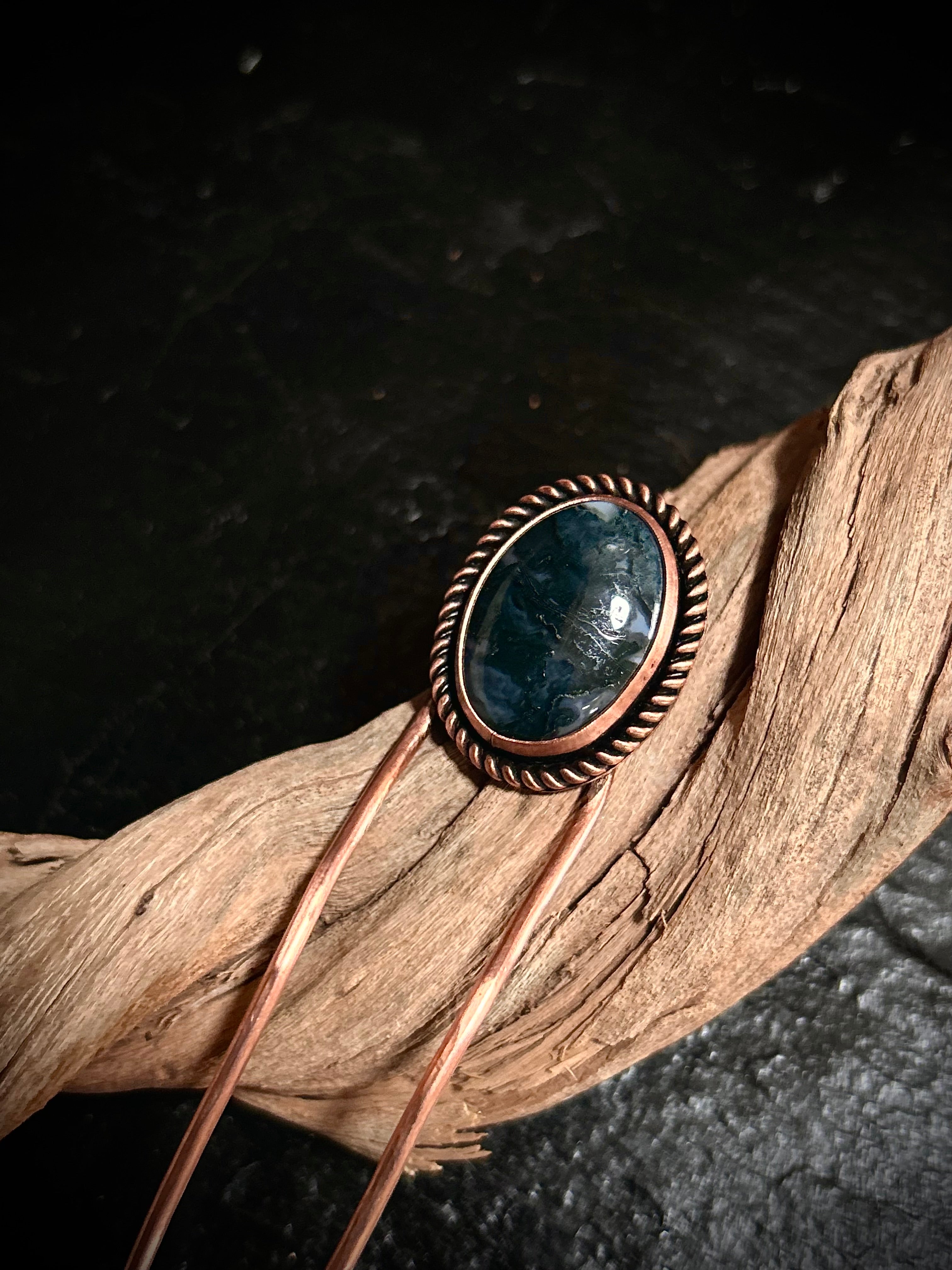 Copper Moss Agate Hair Fork