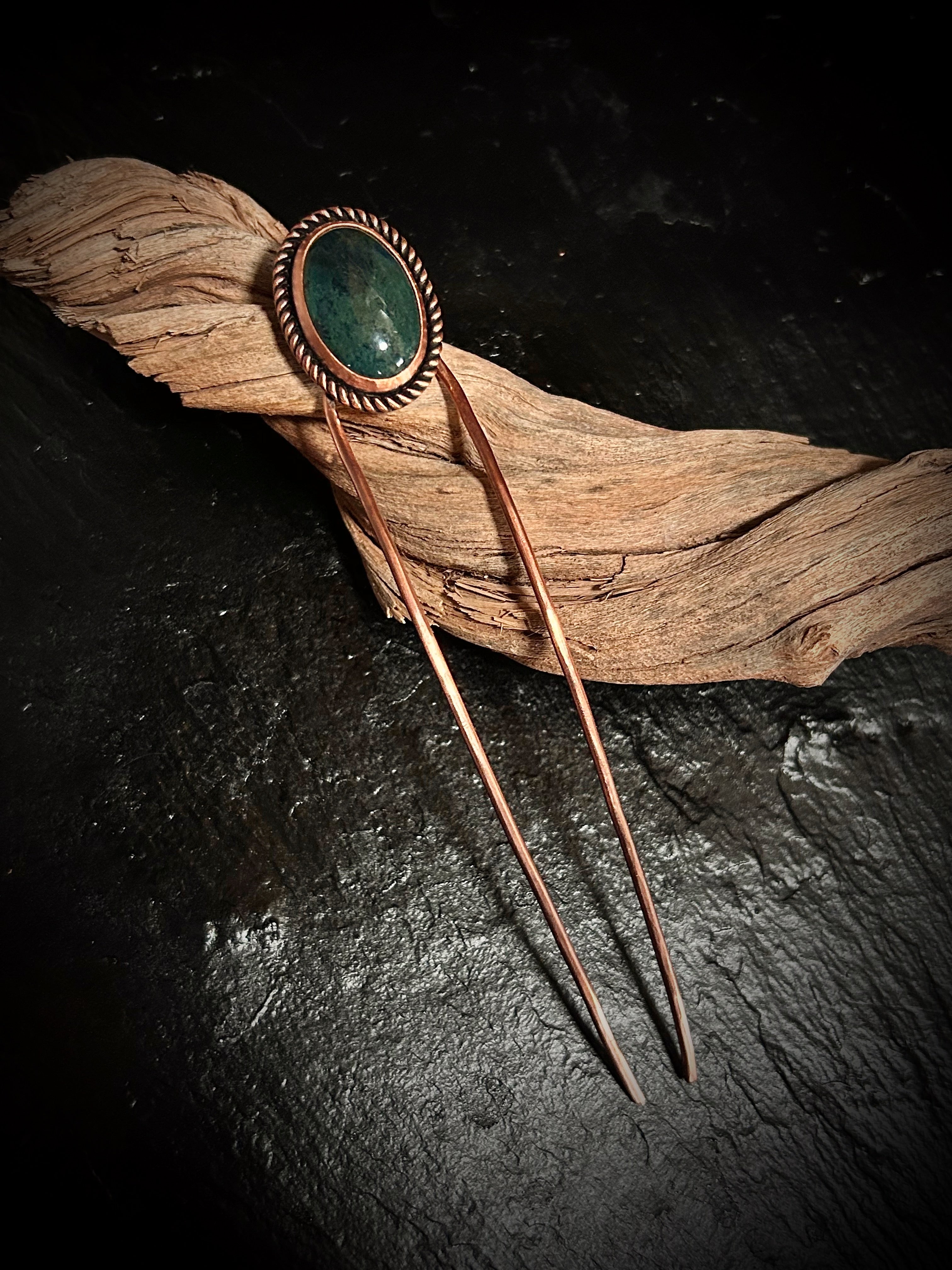 Copper Moss Agate Hair Fork