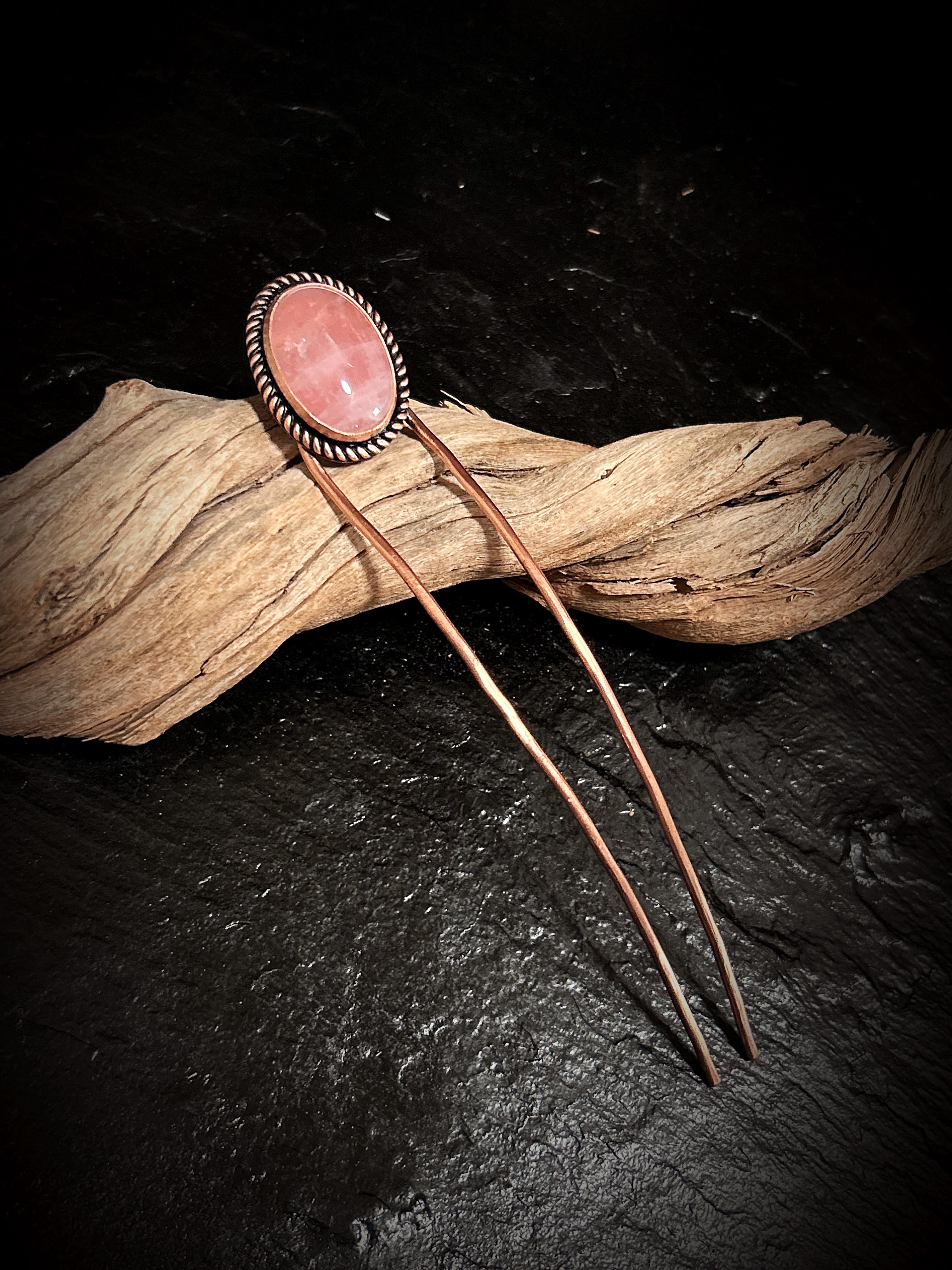 Copper Rose Quartz Hair Fork