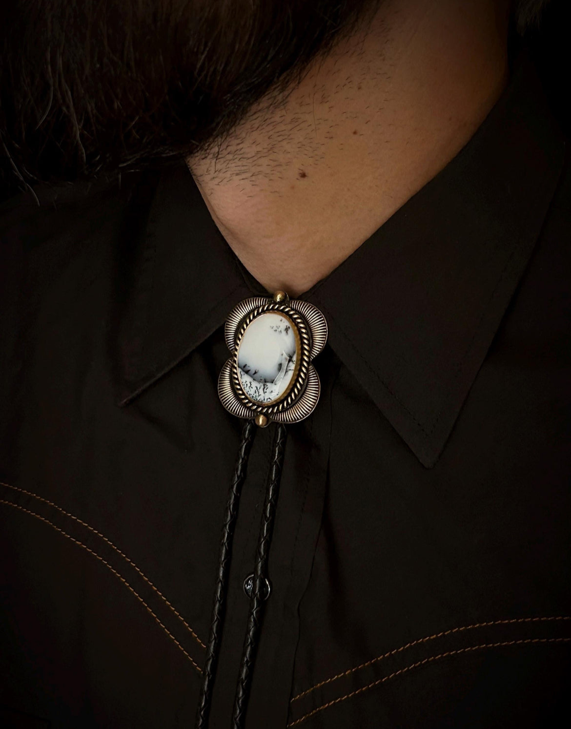 Brass Dendritic Opal Bolo Tie