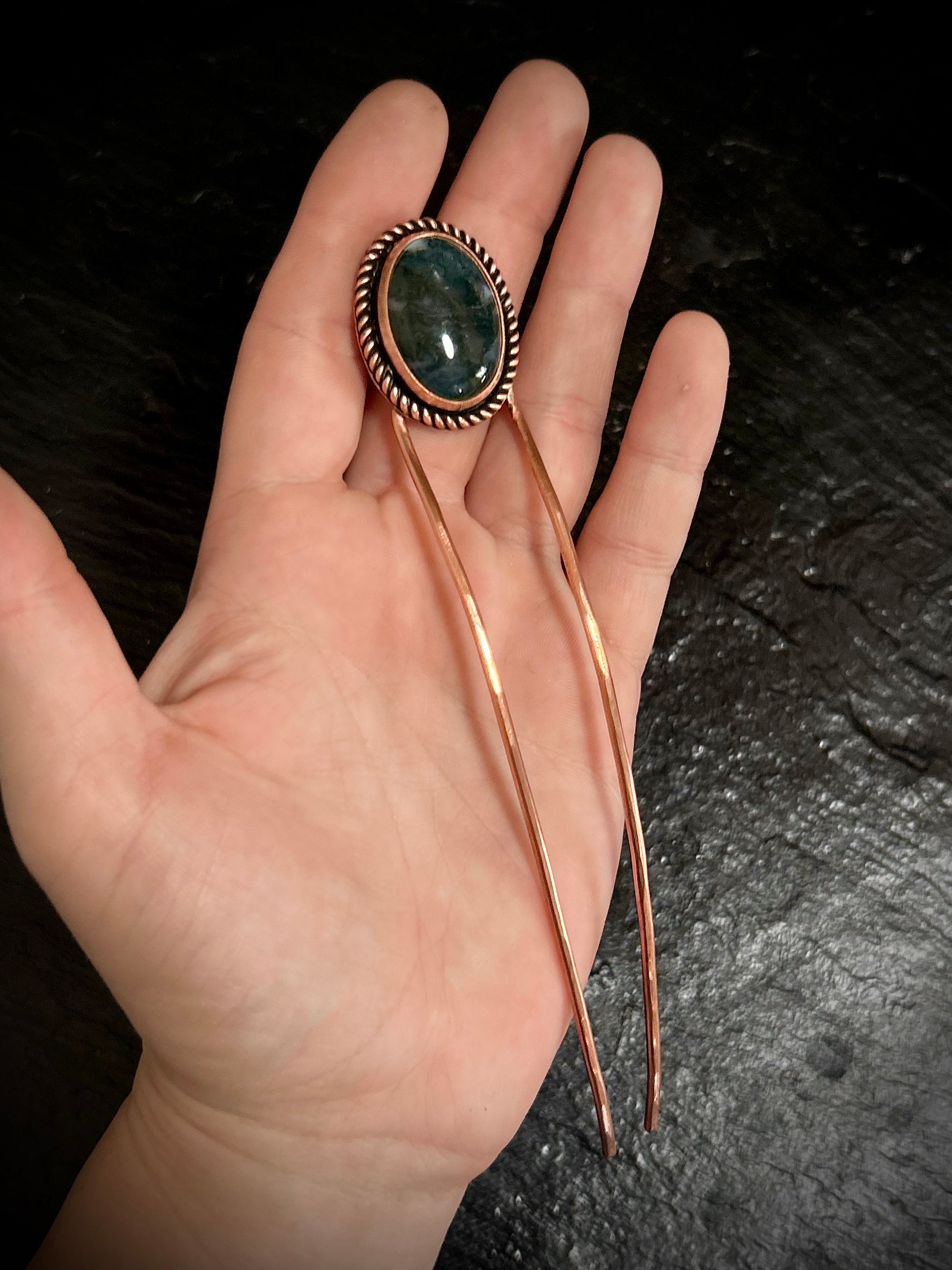 Copper Moss Agate Hair Fork