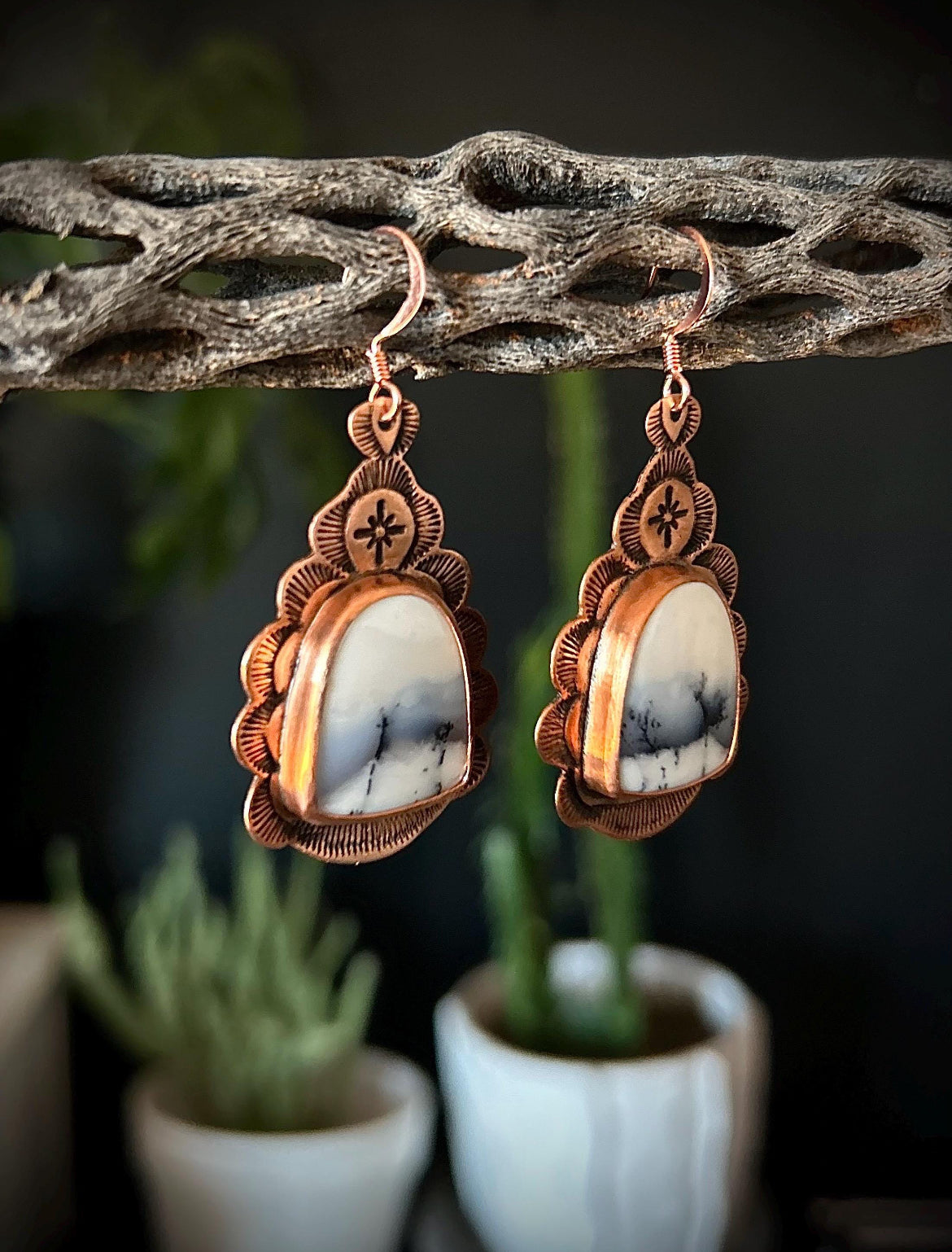 Copper & 14k Rose Gold Dendritic Opal Earrings