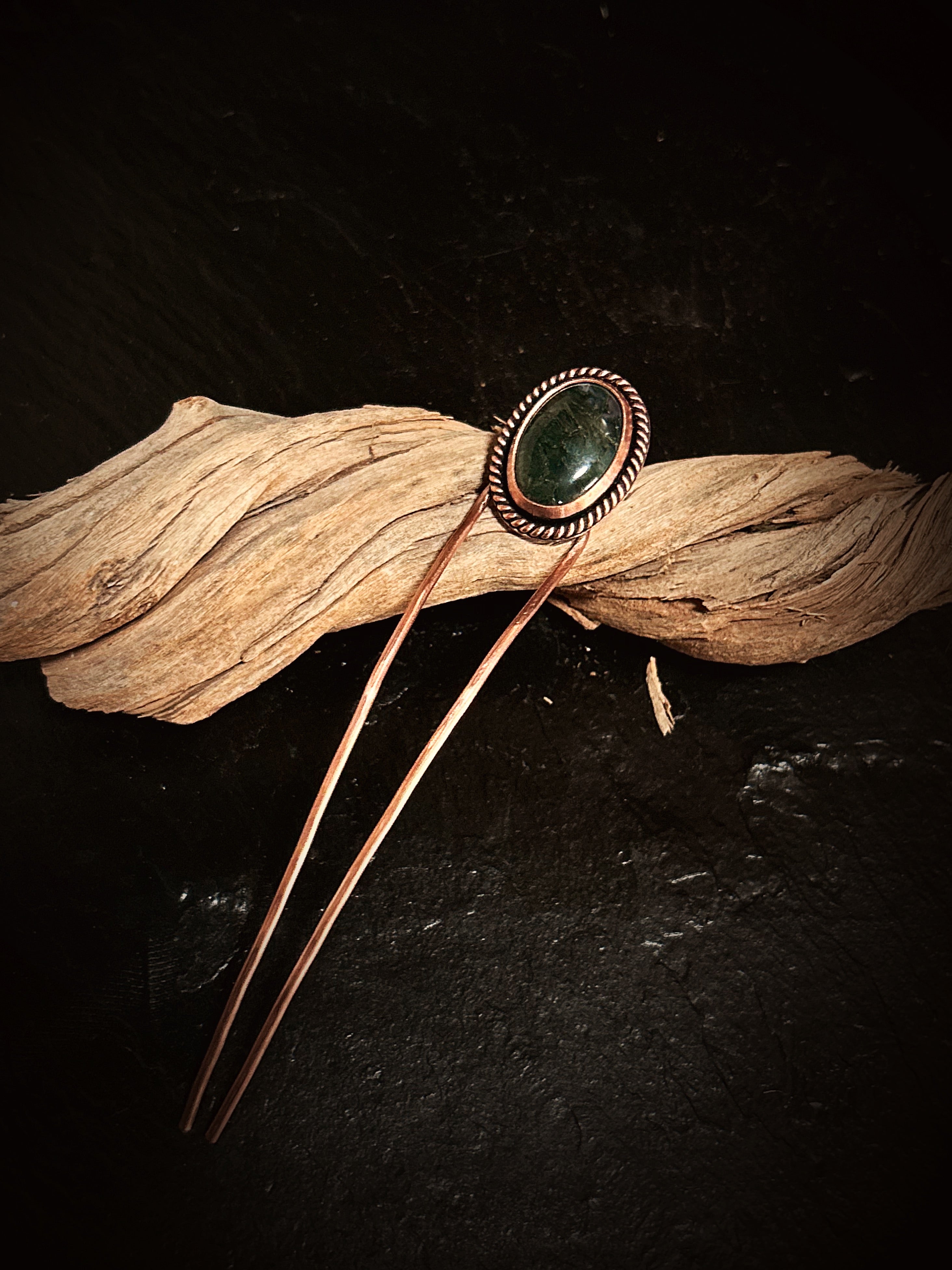 Copper Moss Agate Hair Fork
