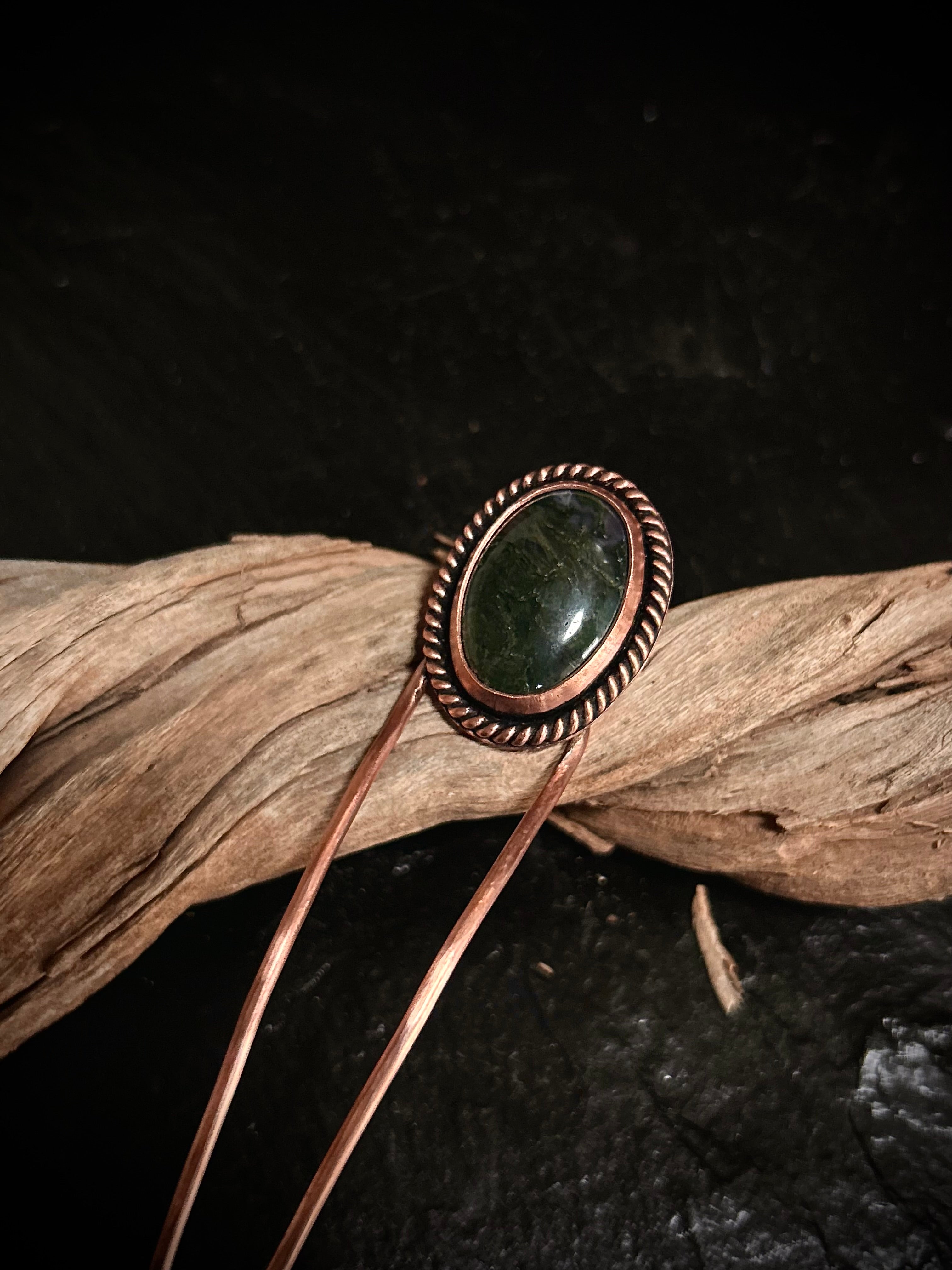 Copper Moss Agate Hair Fork