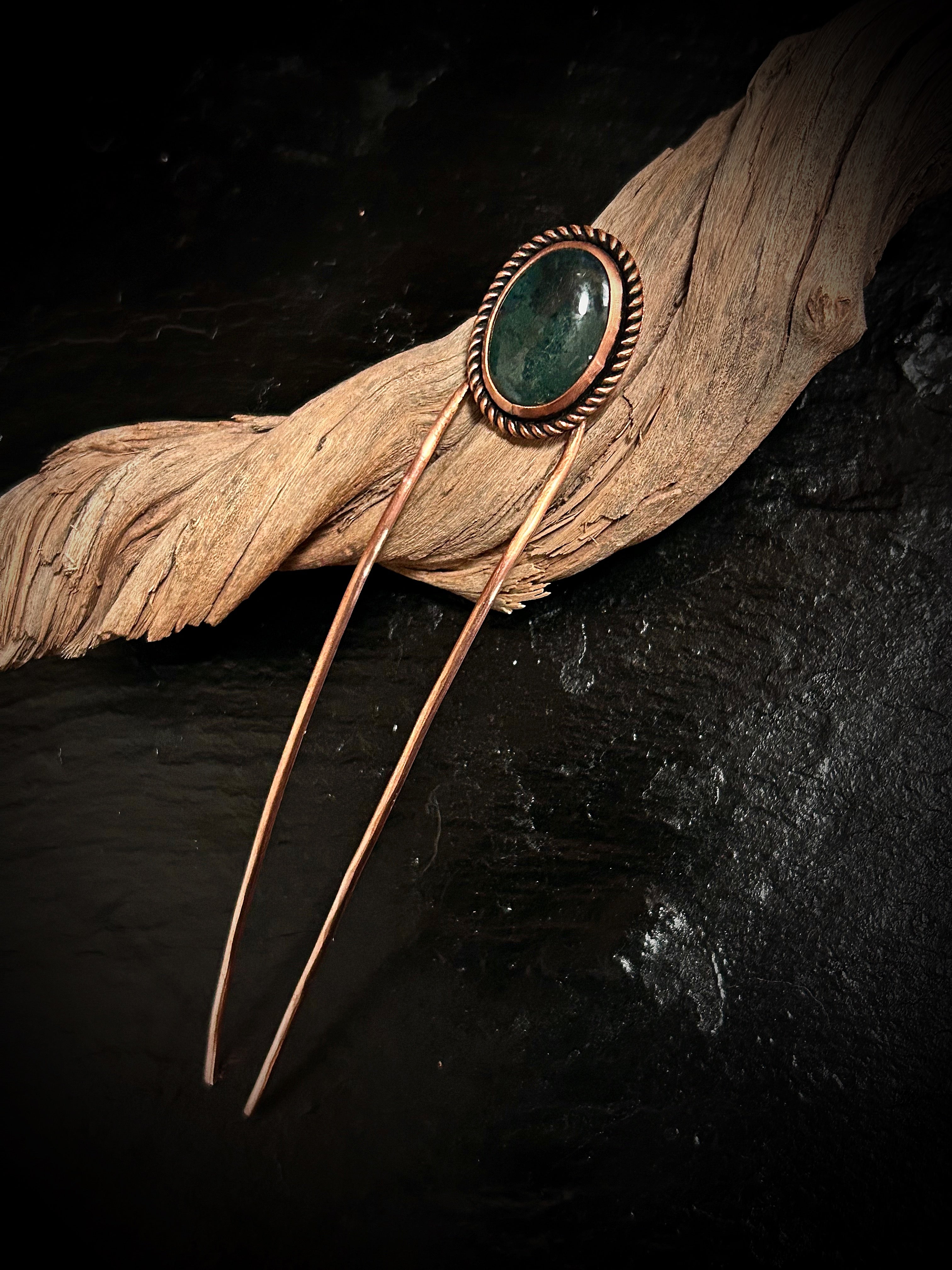 Copper Moss Agate Hair Fork