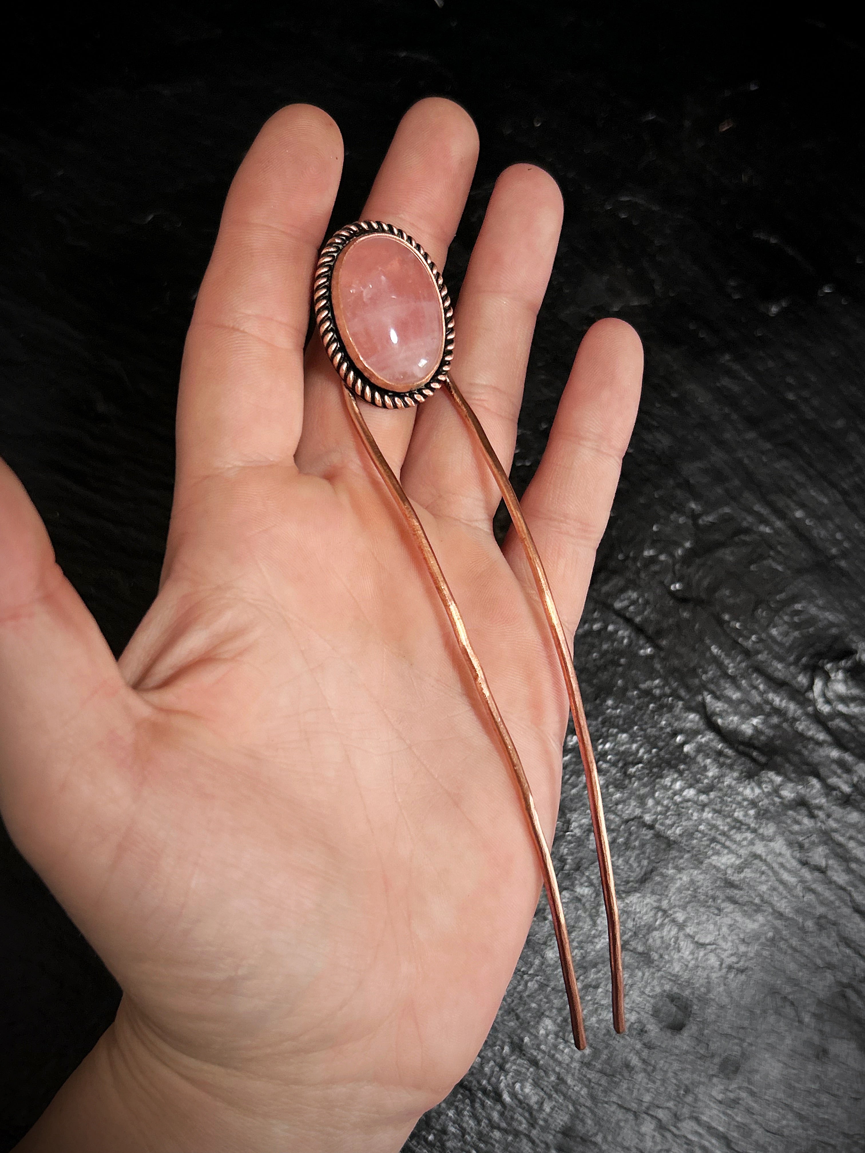 Copper Rose Quartz Hair Fork