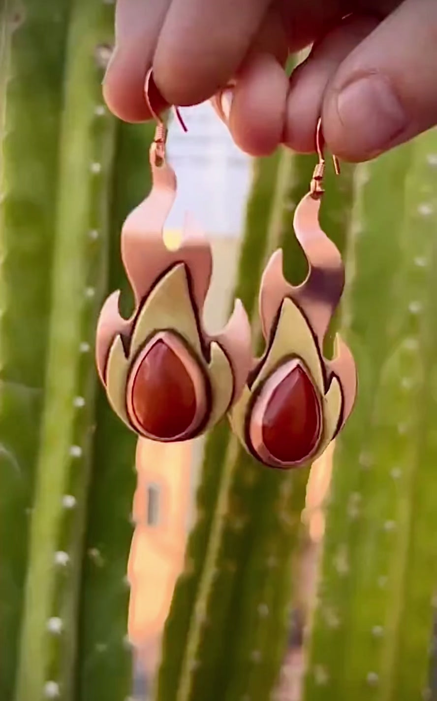 Copper & Brass Red Jasper Flame Earrings